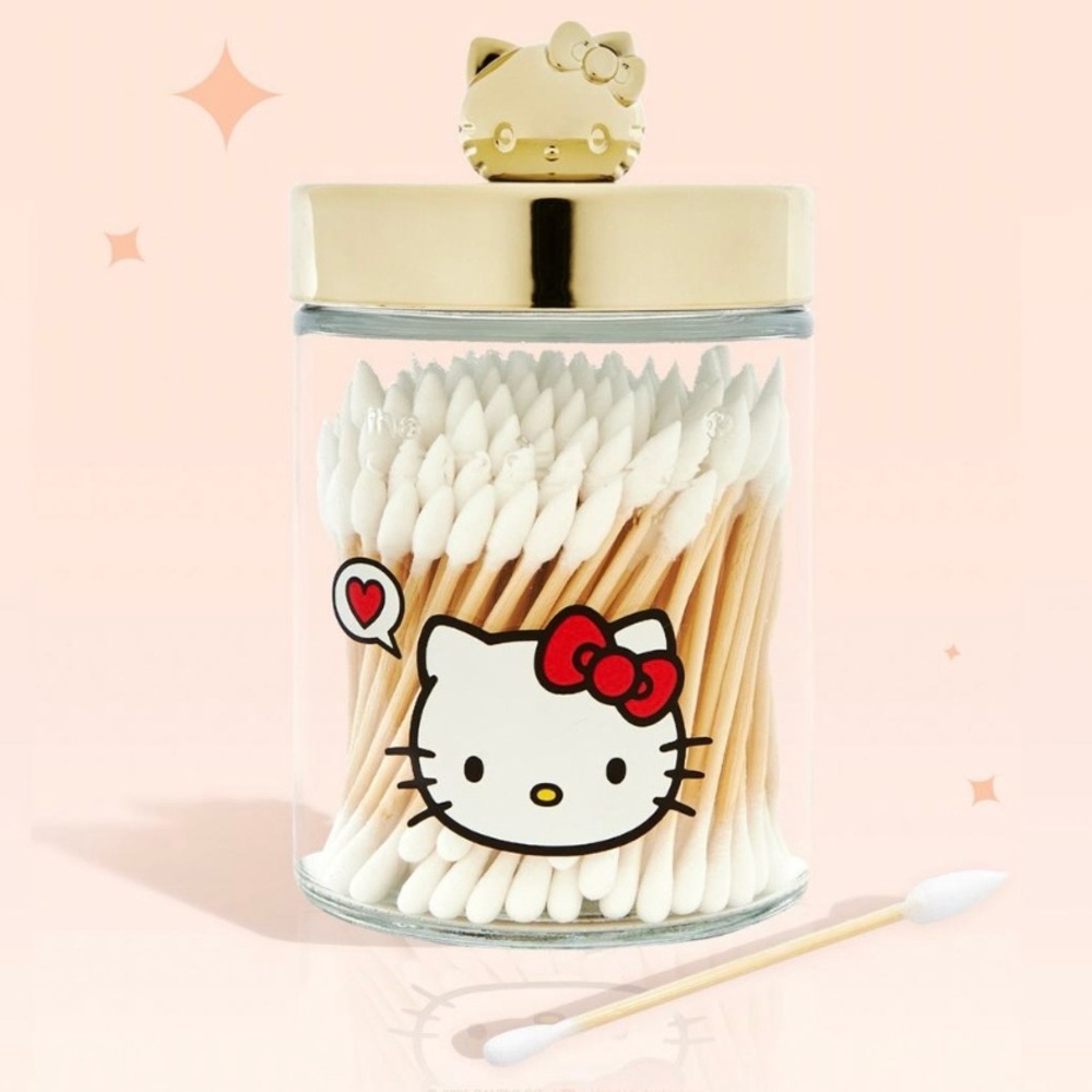 Hello Kitty Cotton Swab Collectible Glass Jar with Gold Toned Lid Includes Swabs